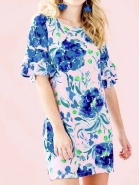 NWOT Lilly Pulitzer Lula Ruffle Sleeve Shift Dress Size S Pink Tropics Sweet Pea